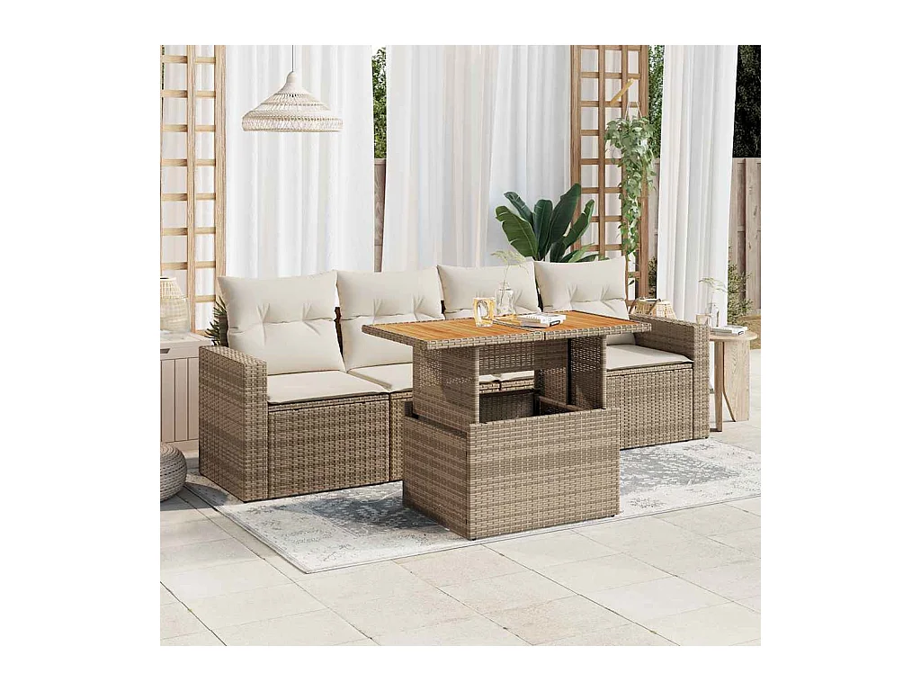 Salon de jardin avec coussins 5 pcs beige résine tressée
