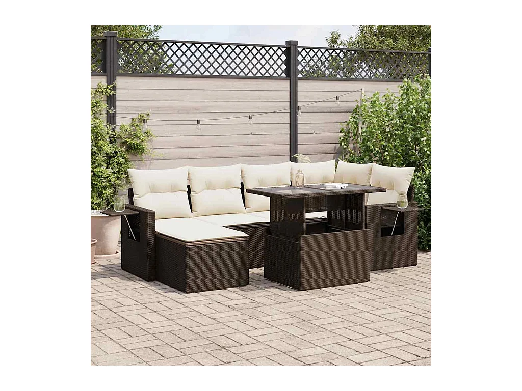 Salon de jardin avec coussins 7 pcs marron résine tressée