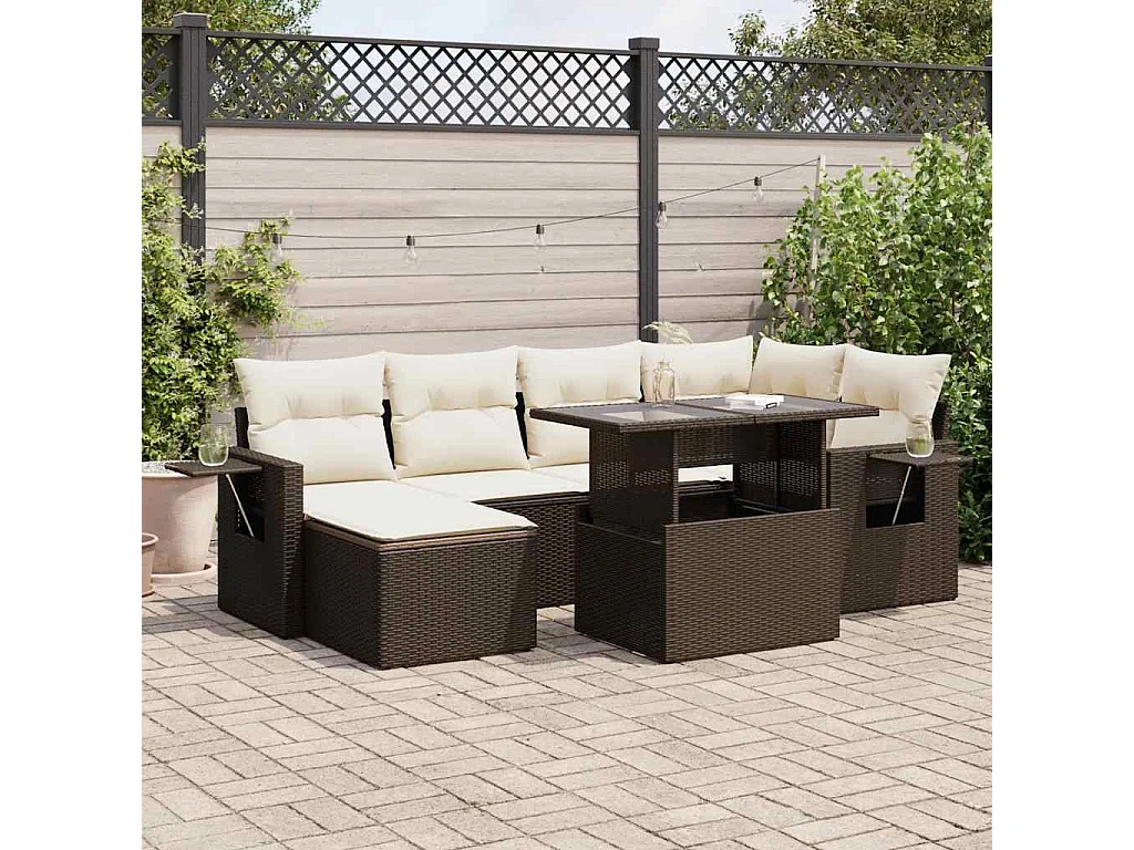 Salon de jardin avec coussins 7 pcs marron résine tressée