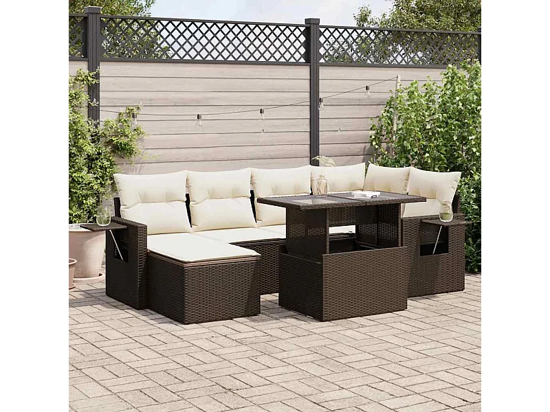 Salon de jardin avec coussins 7 pcs marron résine tressée