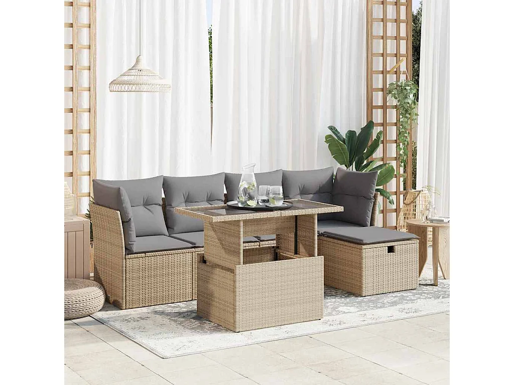 Salon de jardin avec coussins 6 pcs beige résine tressée