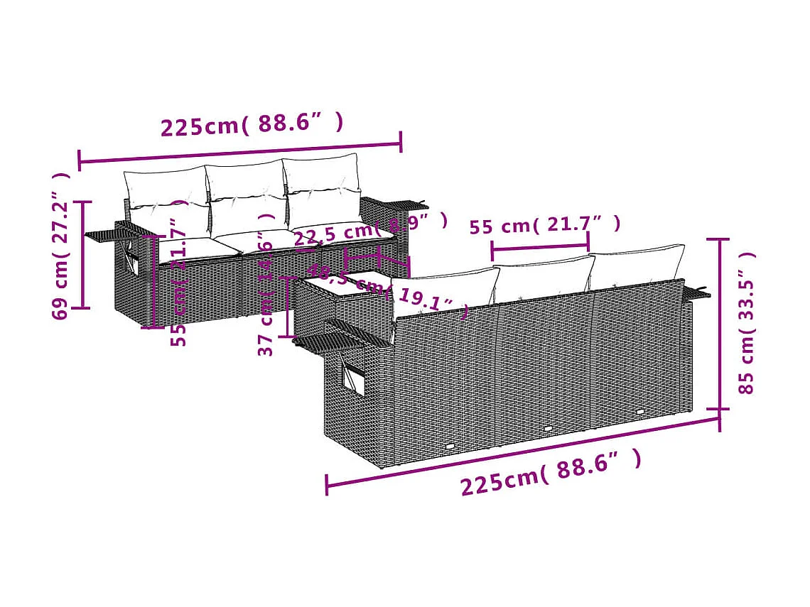 Salon de jardin avec coussins 7 pcs marron résine tressée