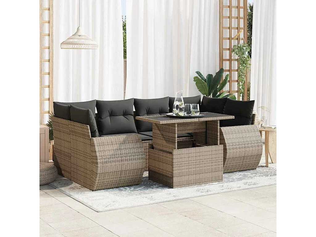 Set Divani da Giardino 7 pz con Cuscini Grigio in Polyrattan
