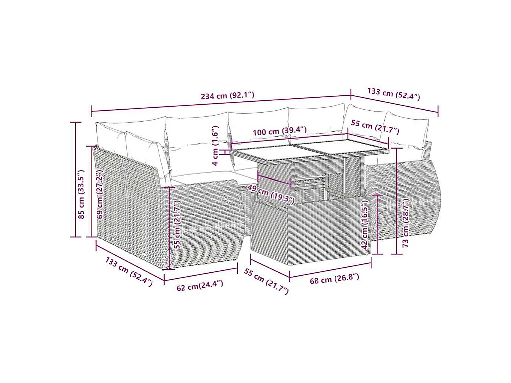 Set Divani da Giardino 7 pz con Cuscini Grigio in Polyrattan