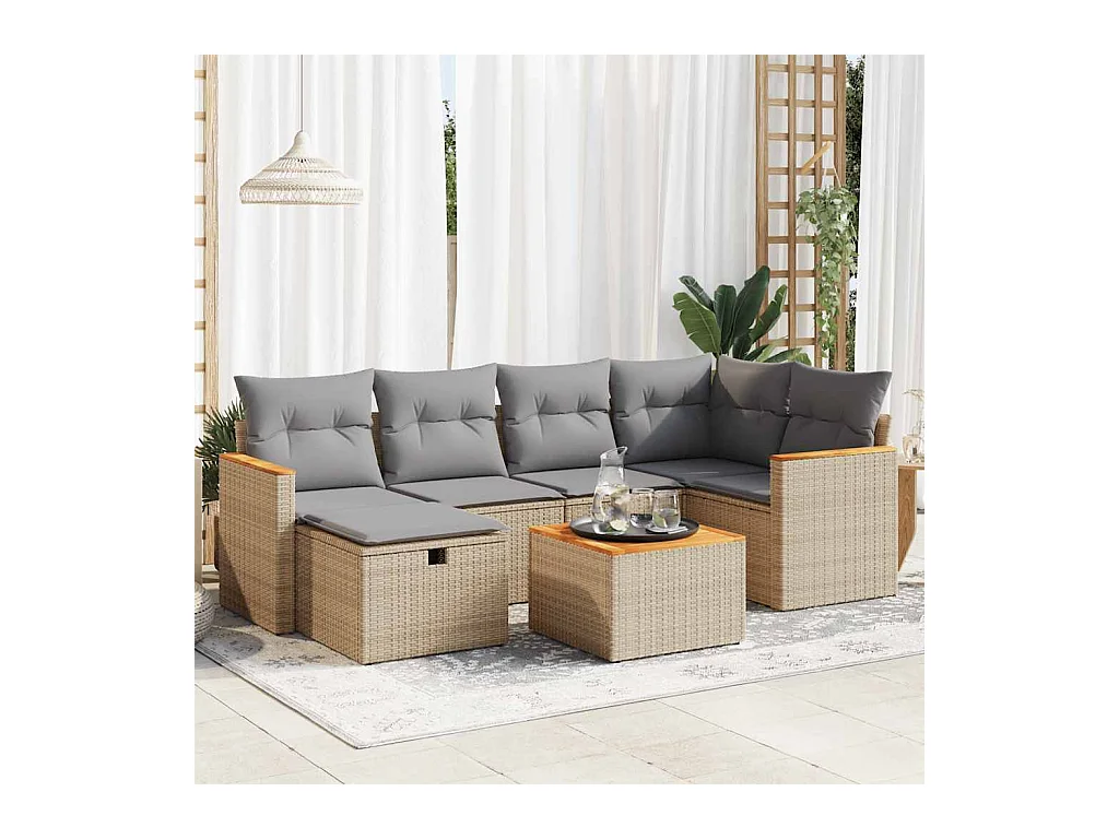 7-delige Loungeset met kussens poly rattan beige