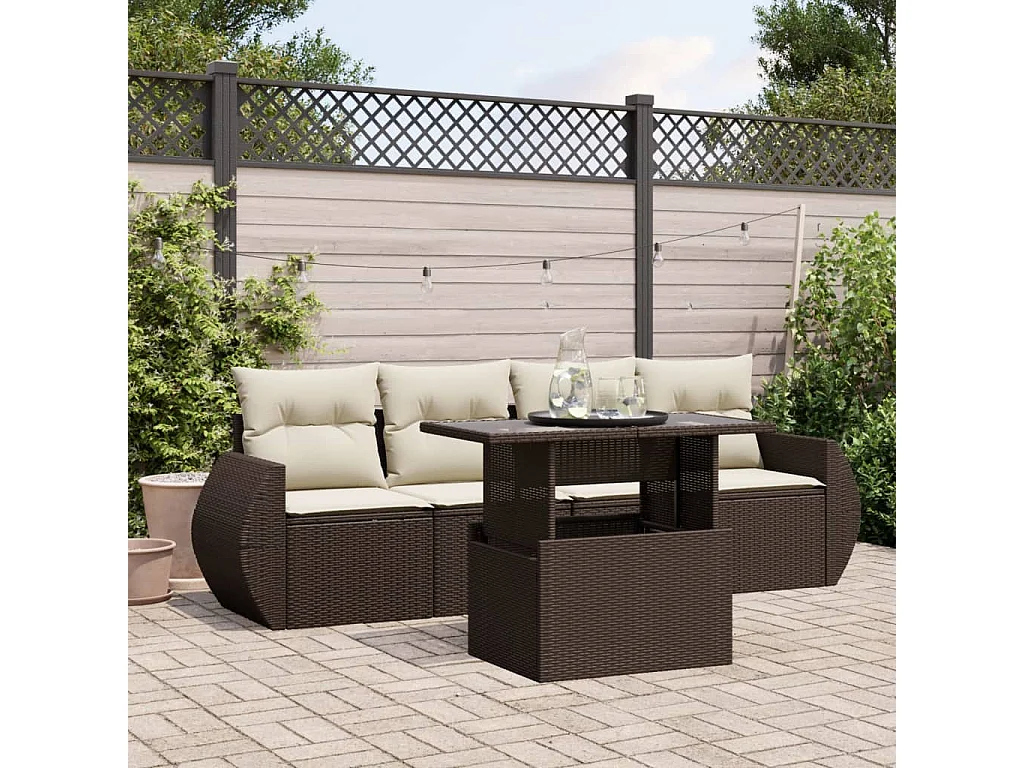 Salon de jardin avec coussins 5 pcs marron résine tressée