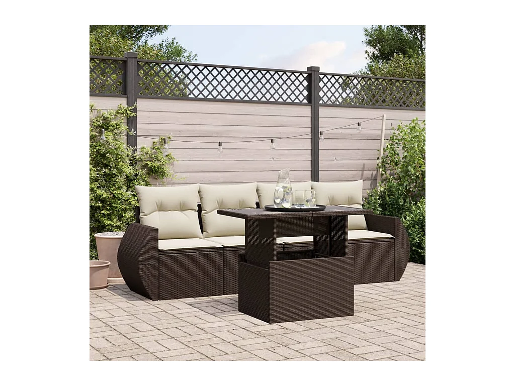 Salon de jardin avec coussins 5 pcs marron résine tressée