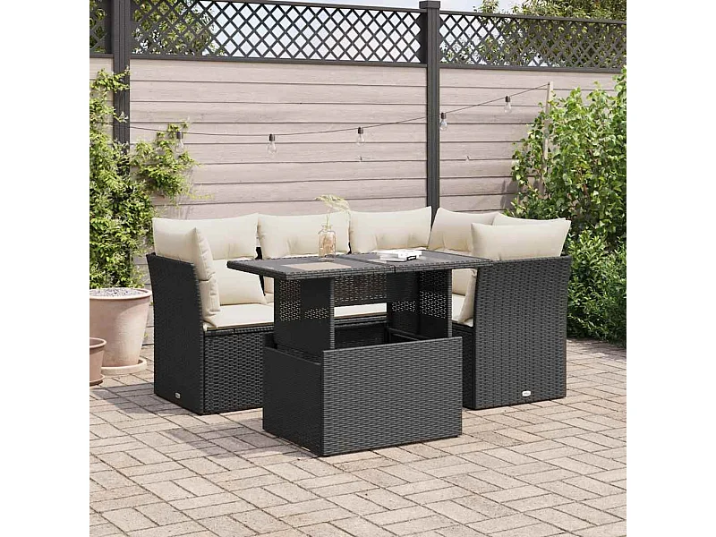 Salon de jardin 5 pcs avec coussins noir résine tressée