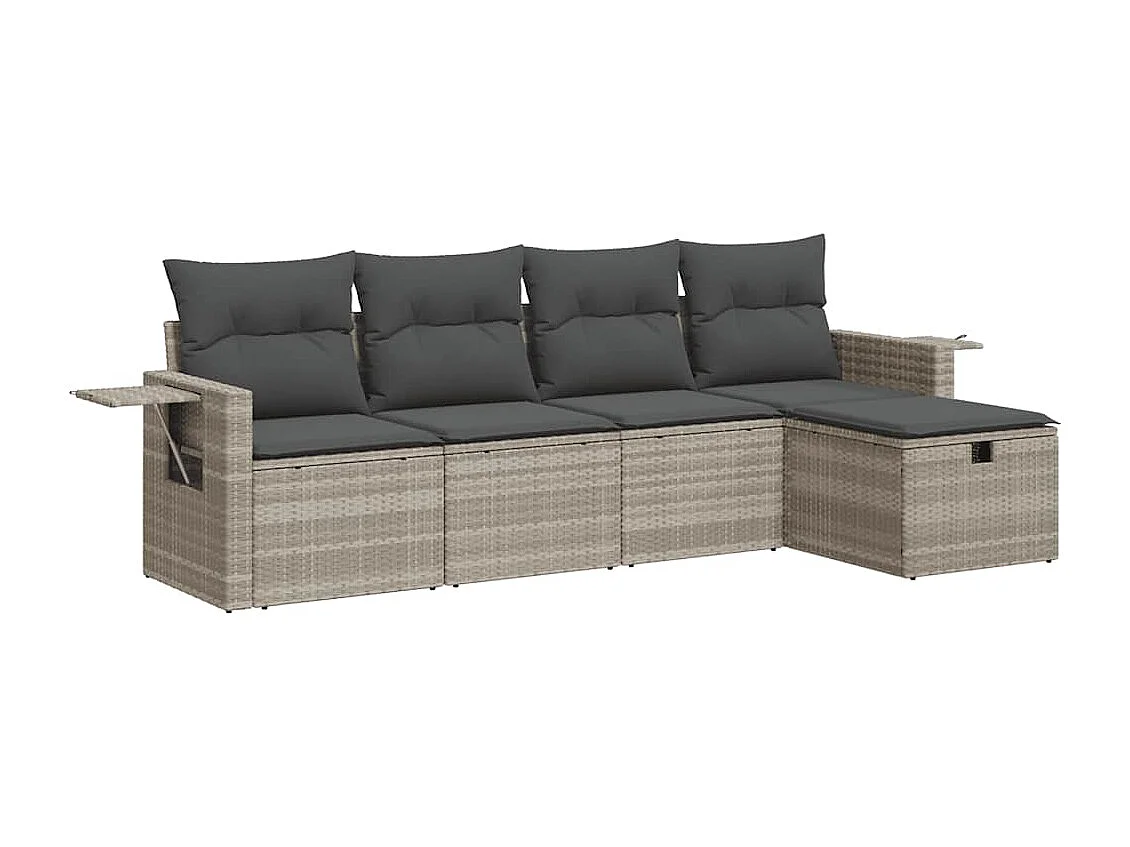 5-tlg. Garten-Sofagarnitur mit Kissen Hellgrau Poly Rattan