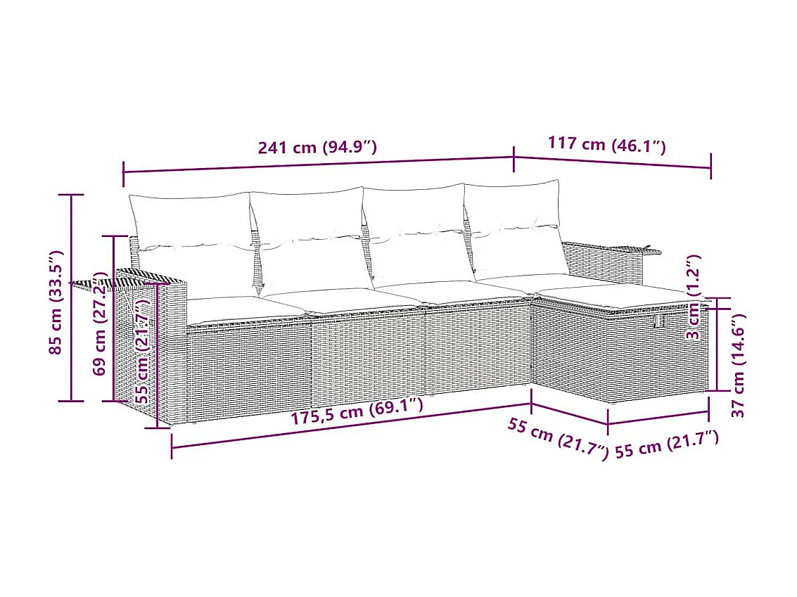 5-delige Loungeset met kussens poly rattan lichtgrijs