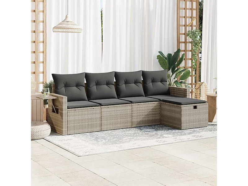 5 pcs conj. sofás jardim c/ almofadões vime PE cinzento-claro