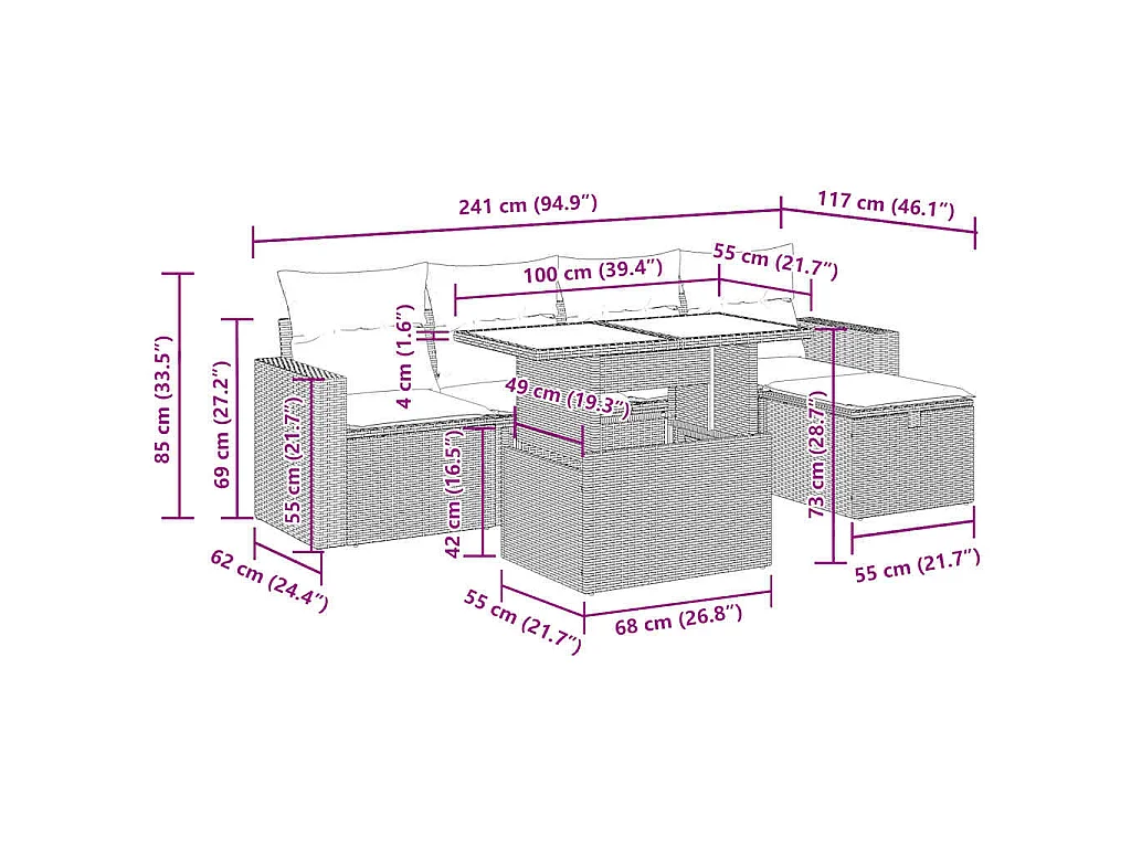 6-delige Loungeset met kussens poly rattan zwart