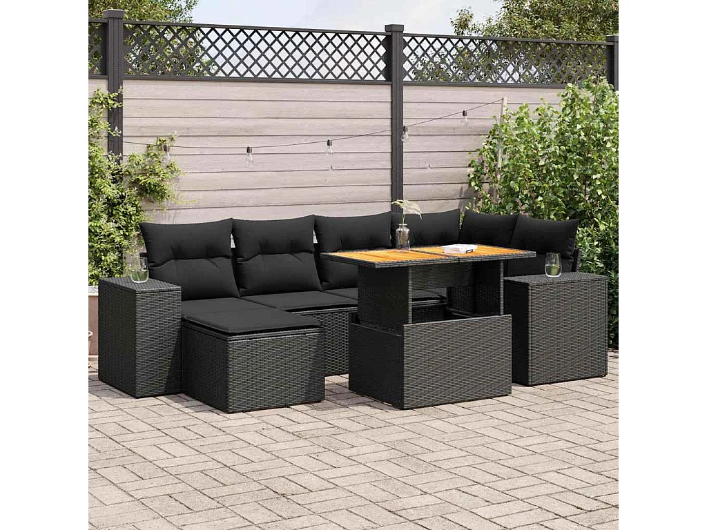 Salon de jardin 7 pcs avec coussins noir résine tressée