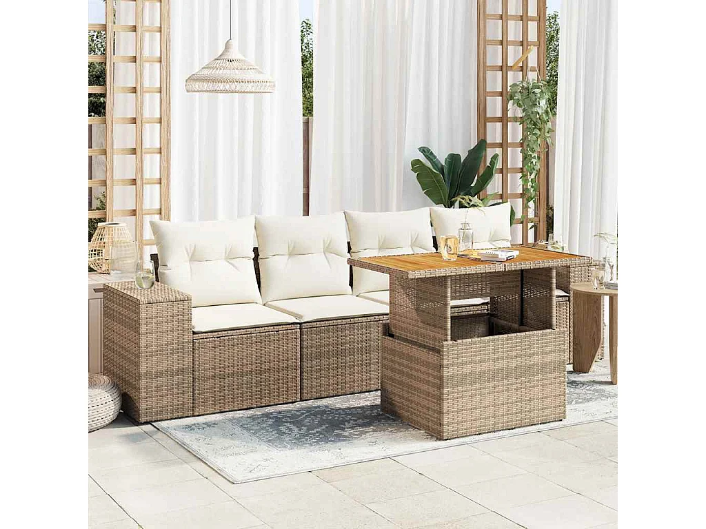 5-tlg. Garten-Sofagarnitur mit Kissen Beige Poly Rattan