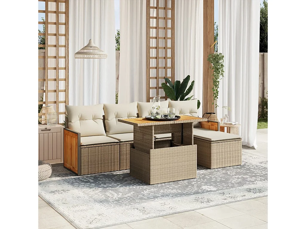 6-delige Loungeset met kussens poly rattan beige