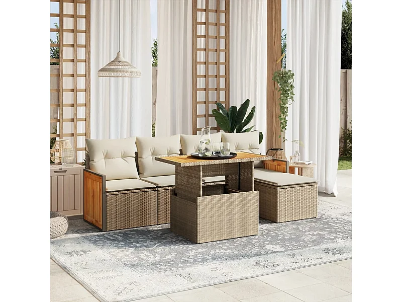 6-tlg. Garten-Sofagarnitur mit Kissen Beige Poly Rattan