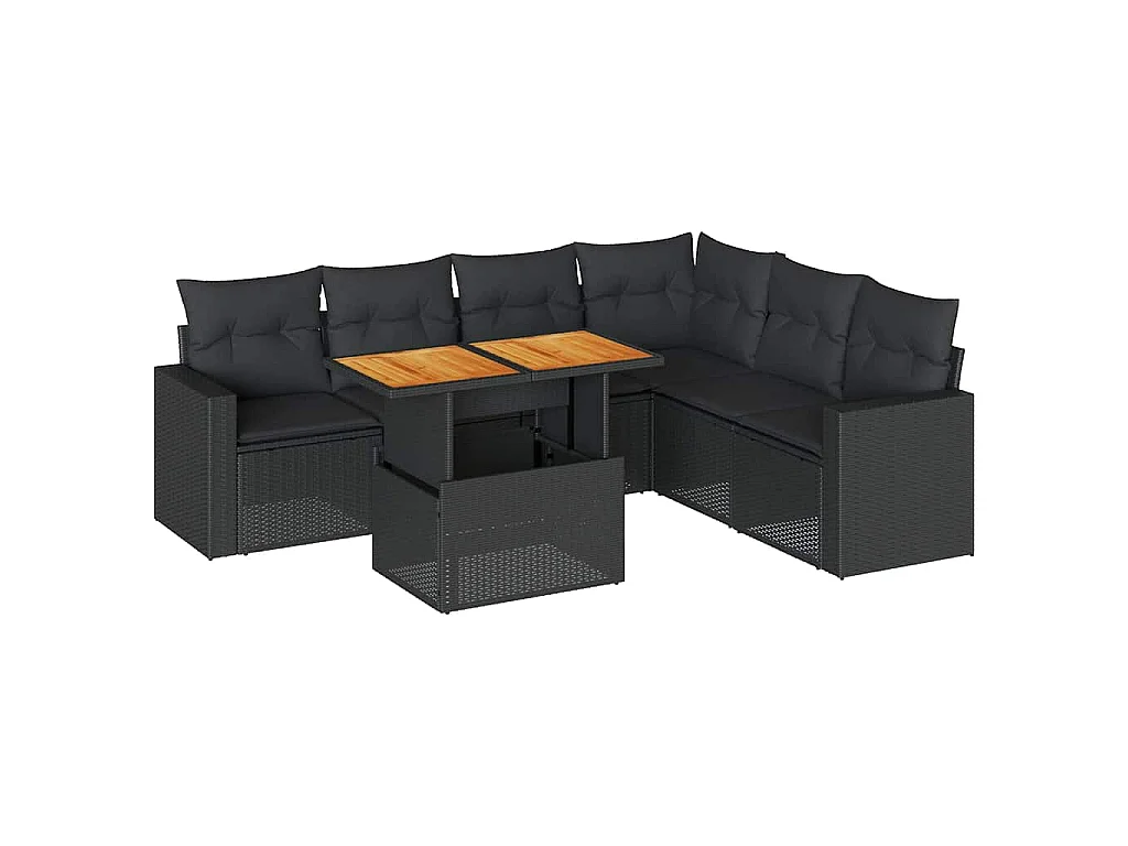 7-tlg. Garten-Sofagarnitur mit Kissen Schwarz Poly Rattan
