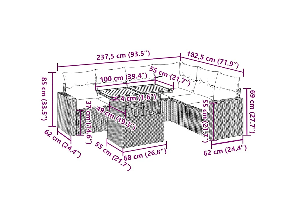 7-tlg. Garten-Sofagarnitur mit Kissen Schwarz Poly Rattan