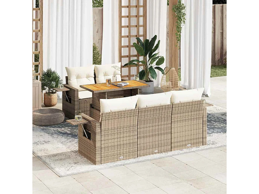 6-tlg. Garten-Sofagarnitur mit Kissen Beige Poly Rattan