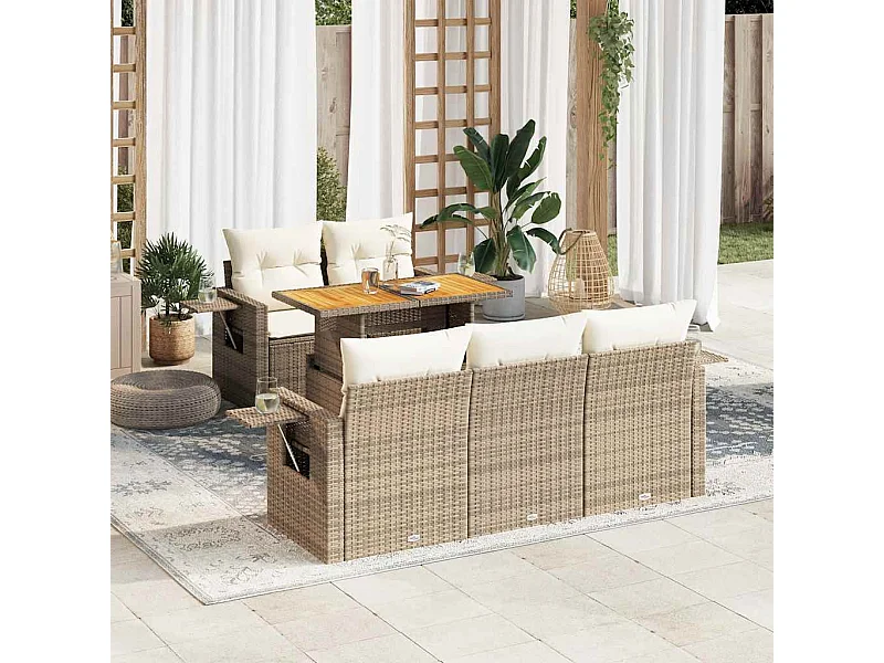 6-tlg. Garten-Sofagarnitur mit Kissen Beige Poly Rattan