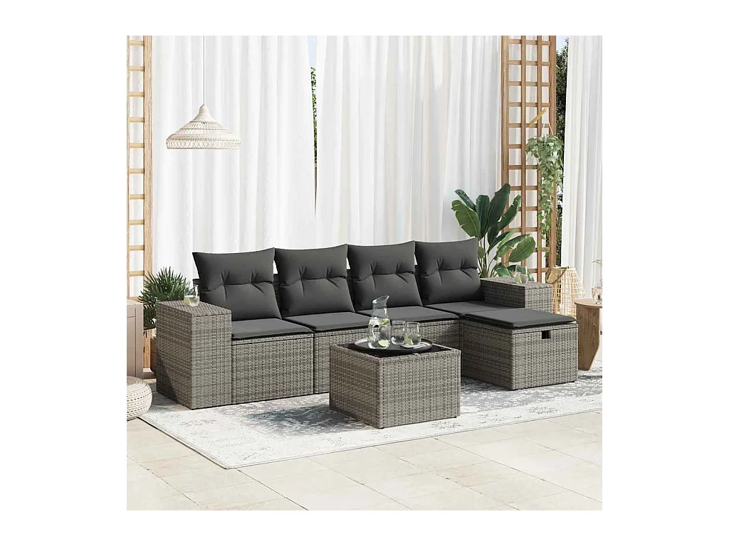 Salon de jardin 6 pcs avec coussins gris résine tressée