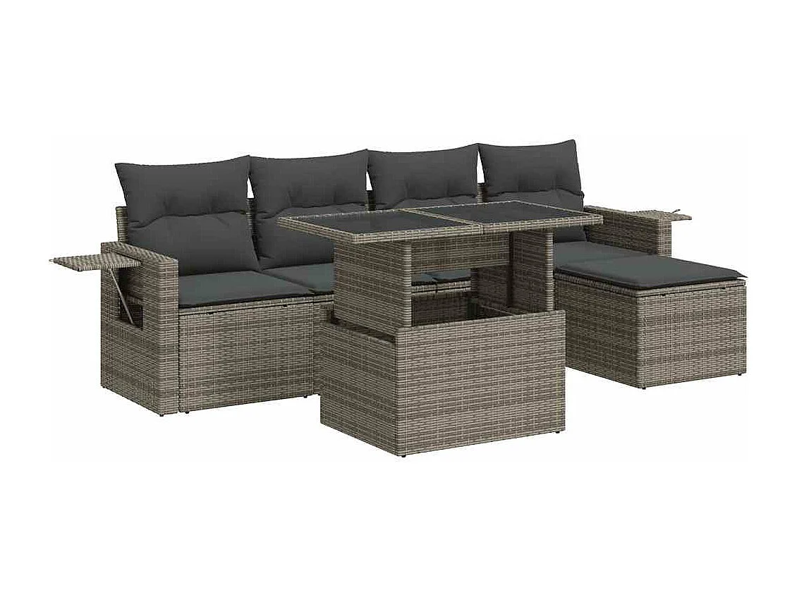 Salon de jardin 6 pcs avec coussins gris résine tressée