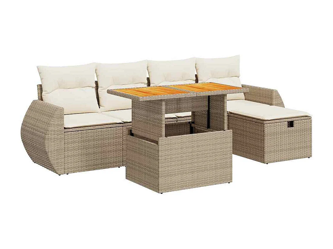 Set Divano da Giardino 6 pz con Cuscini Beige Polyrattan Acacia