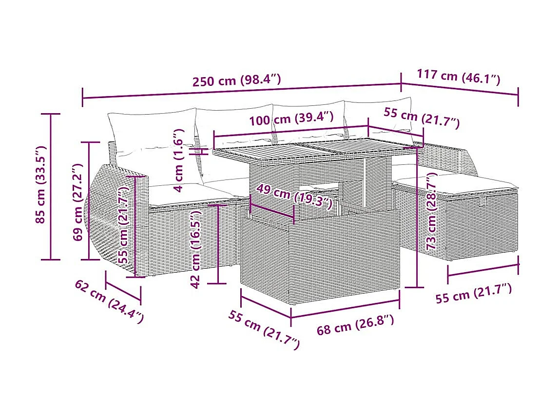 6 pcs conjunto sofás jardim com almofadões vime PE/acácia bege