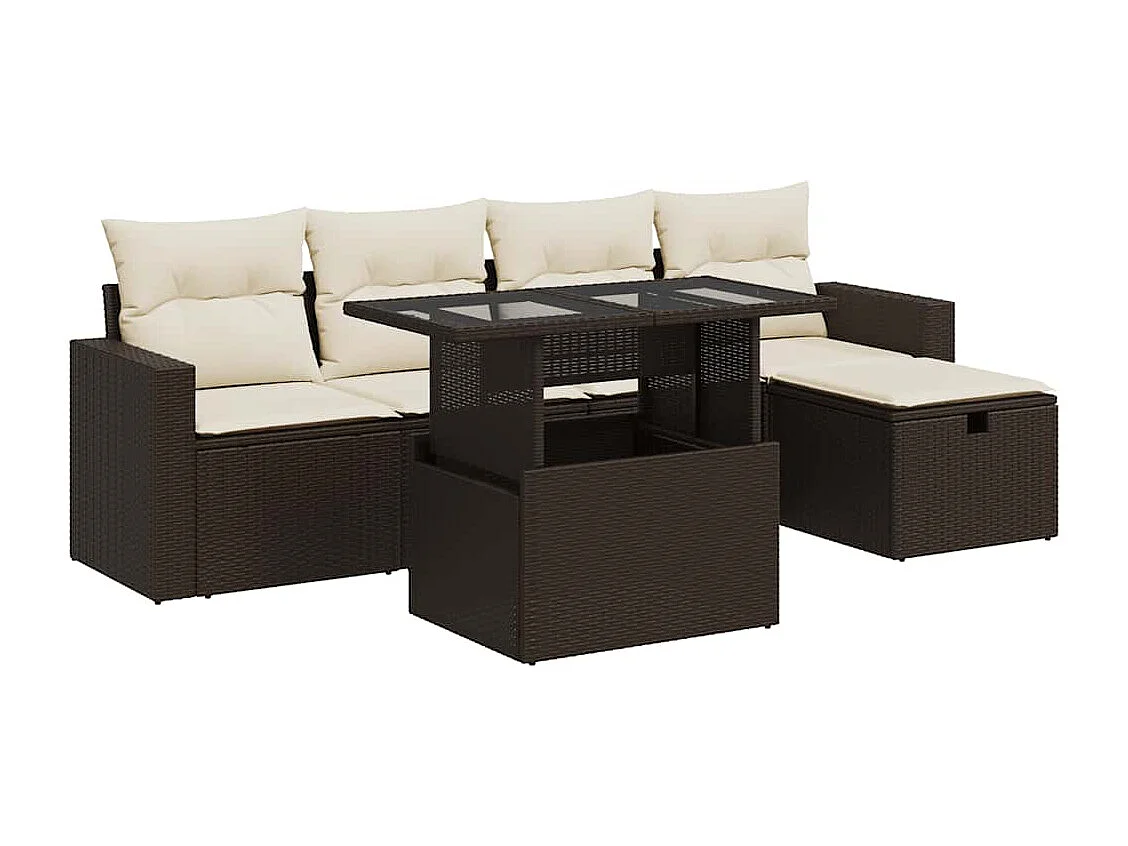 Set Divano da Giardino 6 pz con Cuscini Marrone in Polyrattan