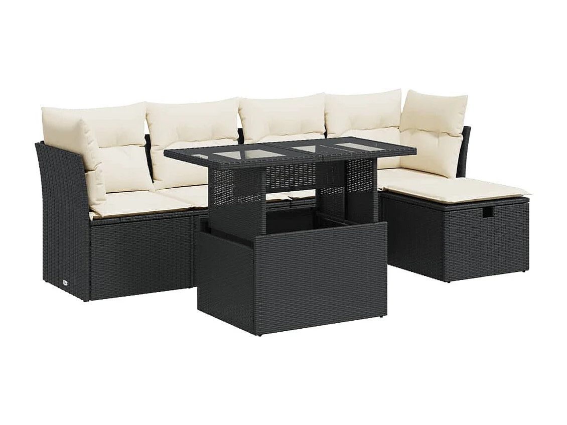 Set Divano da Giardino 6 pz con Cuscini Nero in Polyrattan