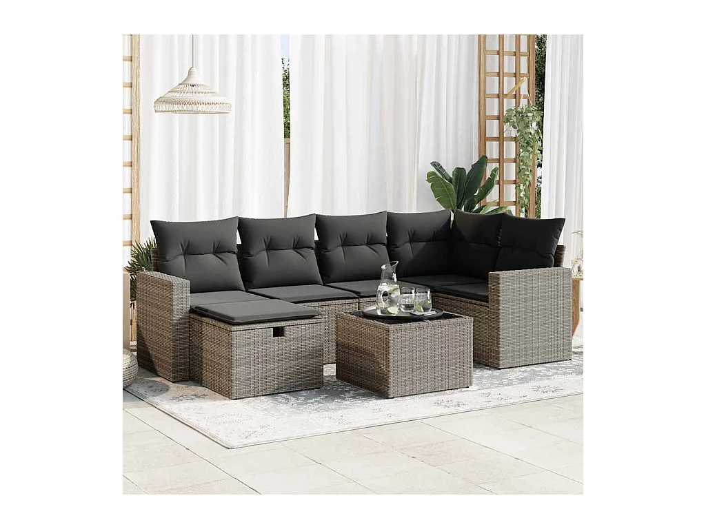7-delige Loungeset met kussens poly rattan grijs