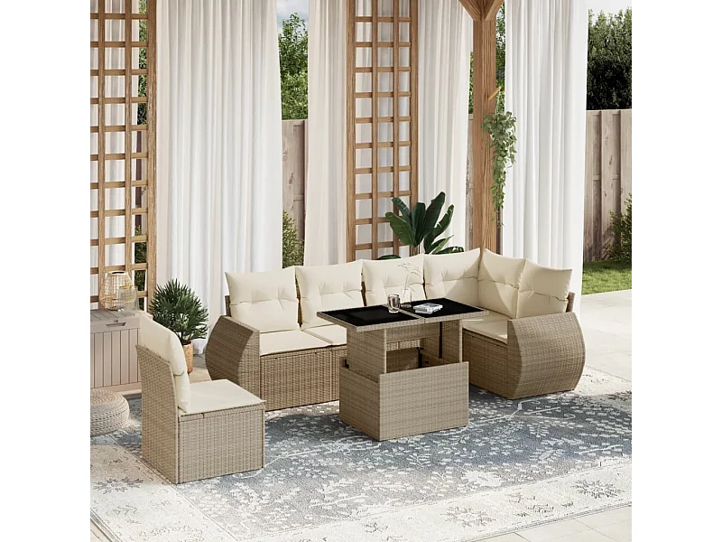 Salon de jardin avec coussins 7 pcs beige résine tressée
