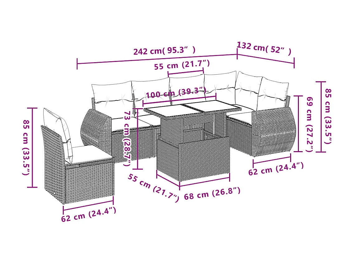 Salon de jardin avec coussins 7 pcs beige résine tressée