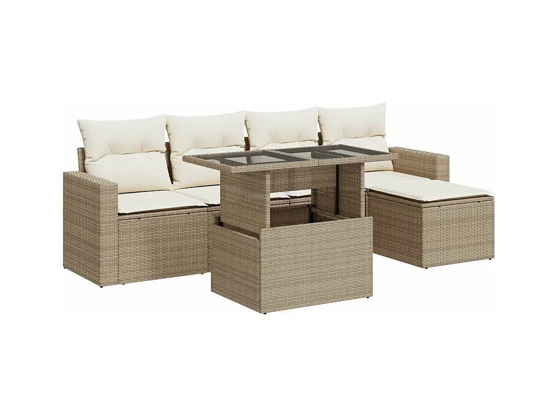 6-tlg. Garten-Sofagarnitur mit Kissen Beige Poly Rattan