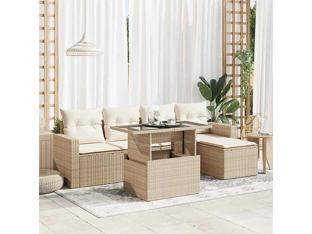Salon de jardin avec coussins 6 pcs beige résine tressée
