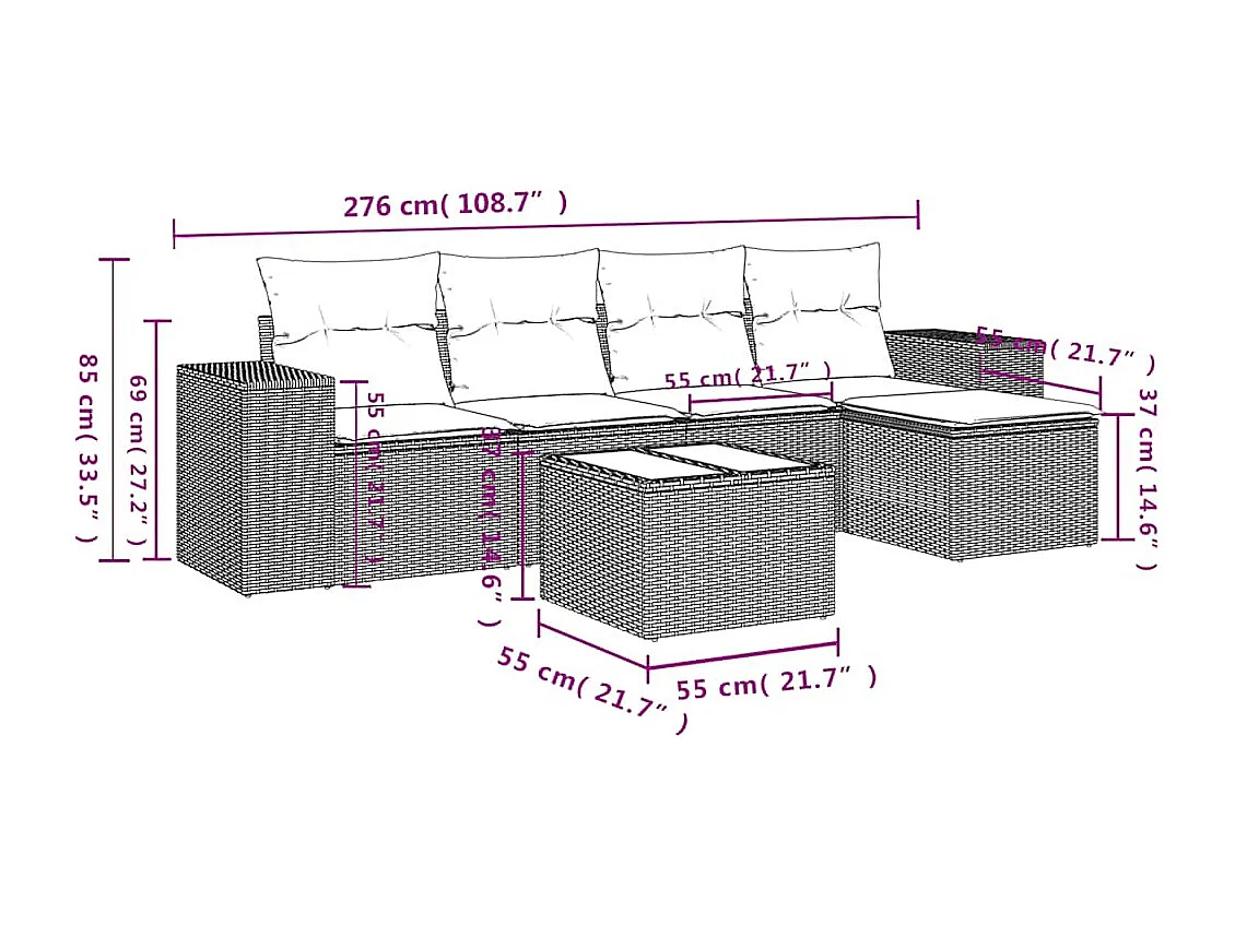 6-tlg. Garten-Sofagarnitur mit Kissen Hellgrau Poly Rattan