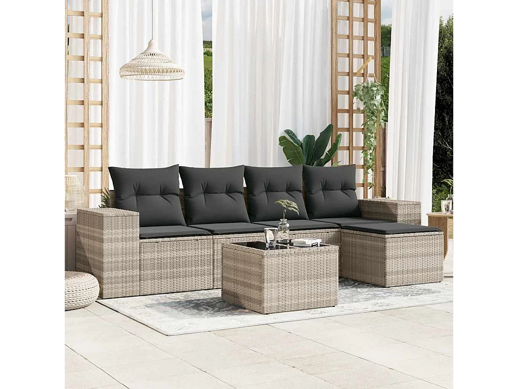 Salon de jardin 6 pcs avec coussins gris clair résine tressée
