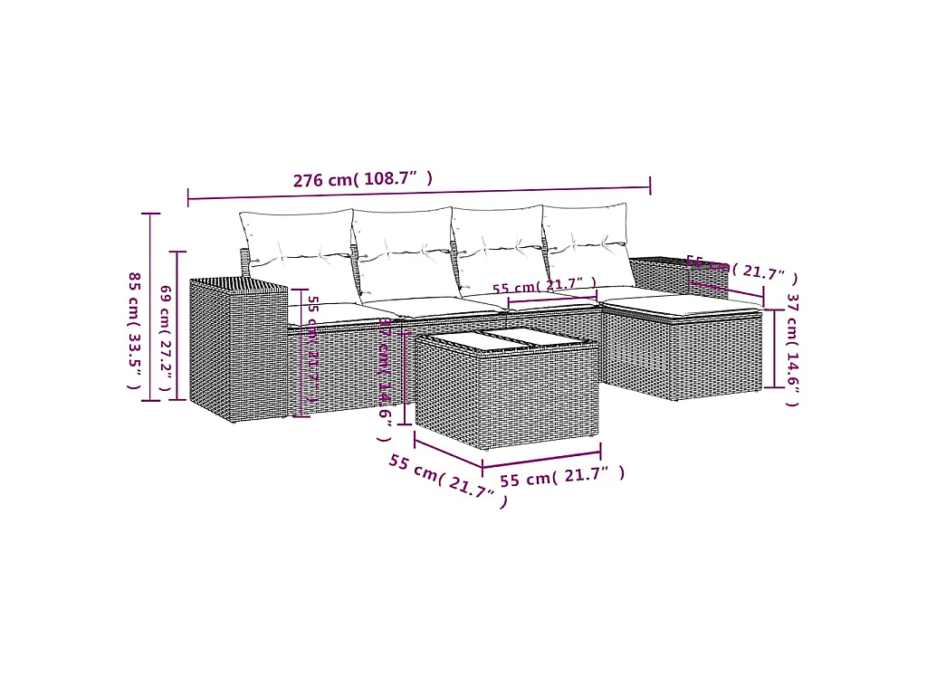 Set de sofás de jardín 6 pzas y cojines ratán sintético gris