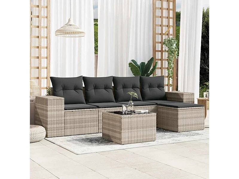 Salon de jardin 6 pcs avec coussins gris clair résine tressée