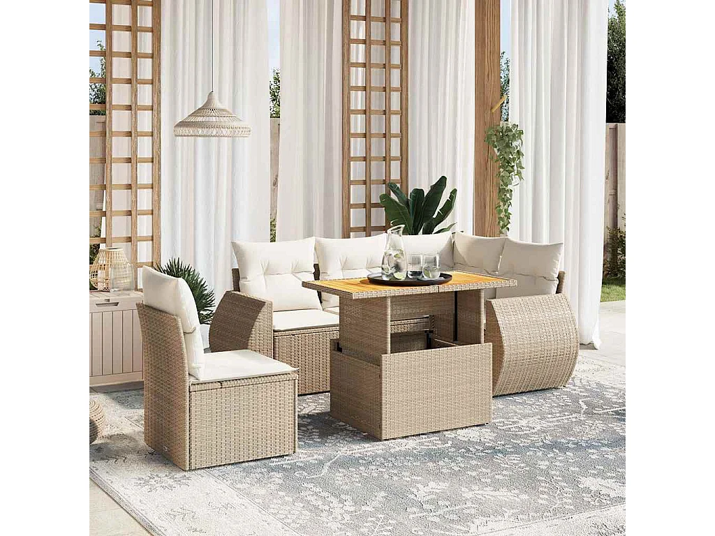 6-tlg. Garten-Sofagarnitur mit Kissen Beige Poly Rattan
