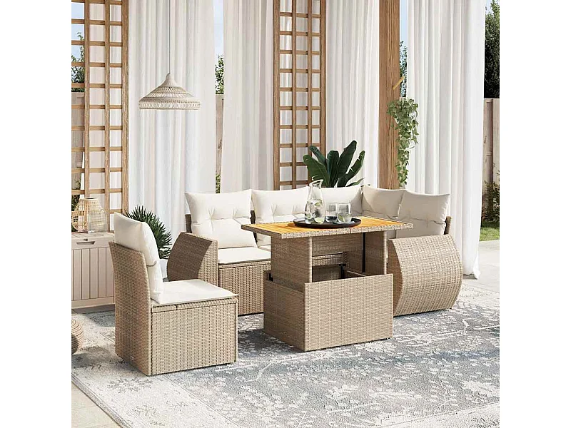 6-tlg. Garten-Sofagarnitur mit Kissen Beige Poly Rattan