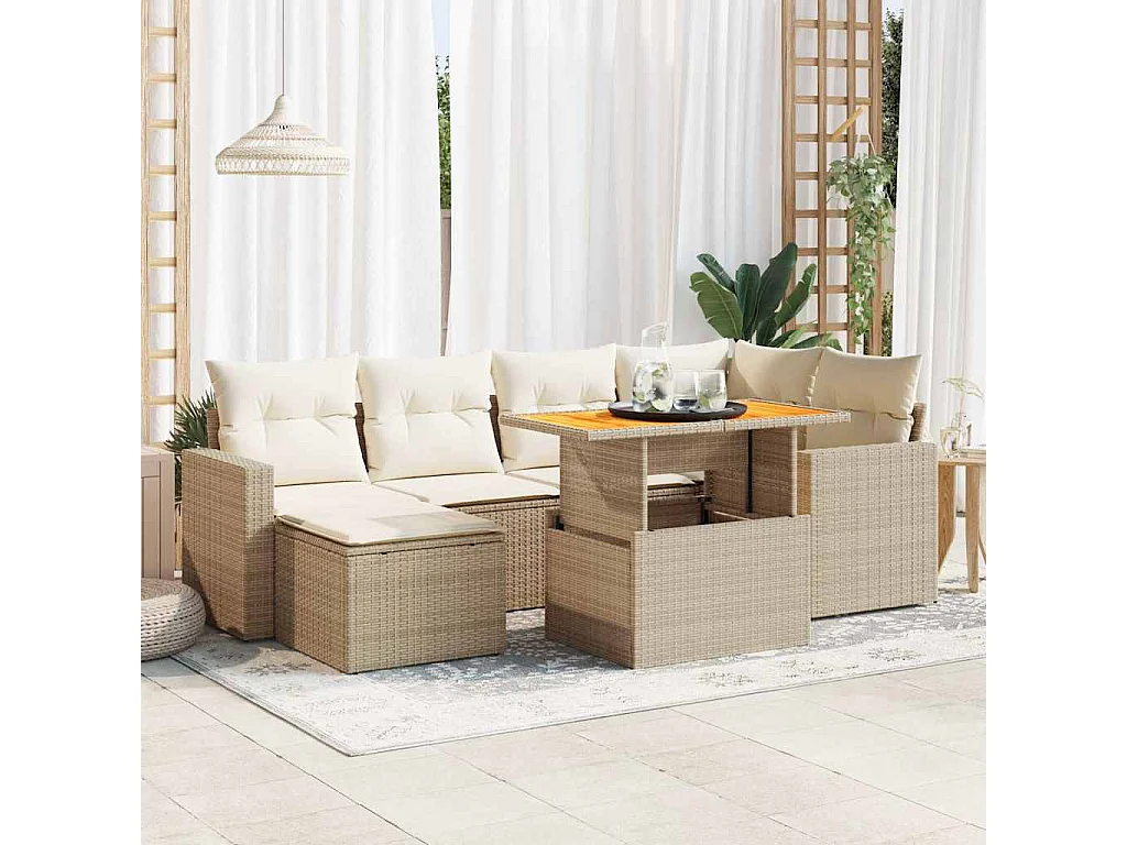 Set sofás de jardín 7 piezas y cojines ratán sintético beige