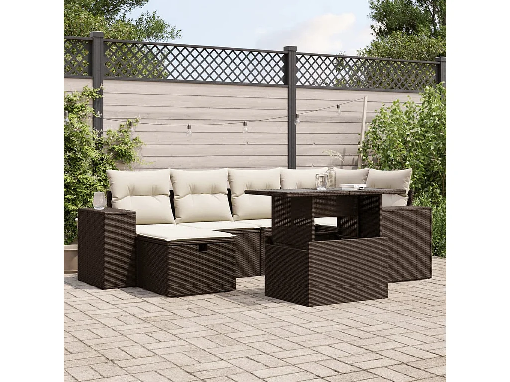 7-delige Loungeset met kussens poly rattan bruin