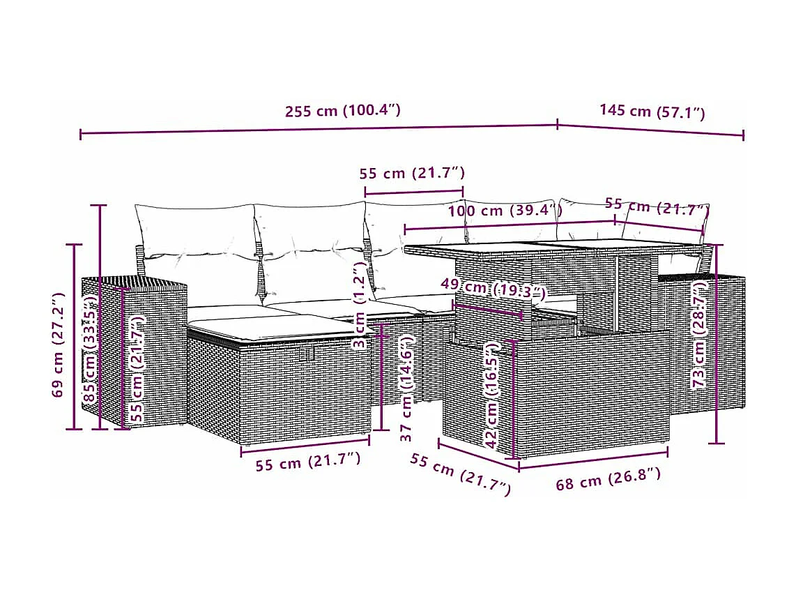 7-delige Loungeset met kussens poly rattan bruin