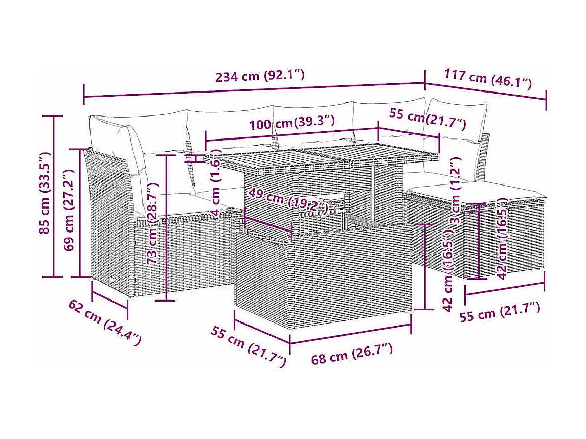 Salon de jardin 6 pcs avec coussins noir résine tressée