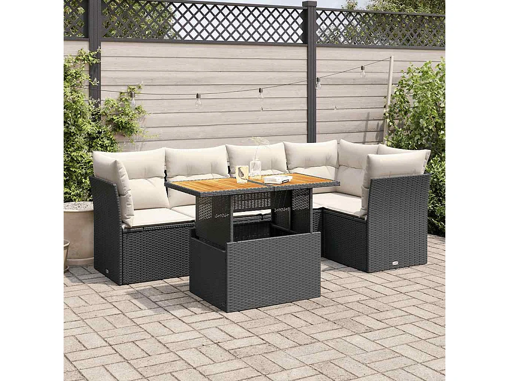 Salon de jardin 6 pcs avec coussins noir résine tressée