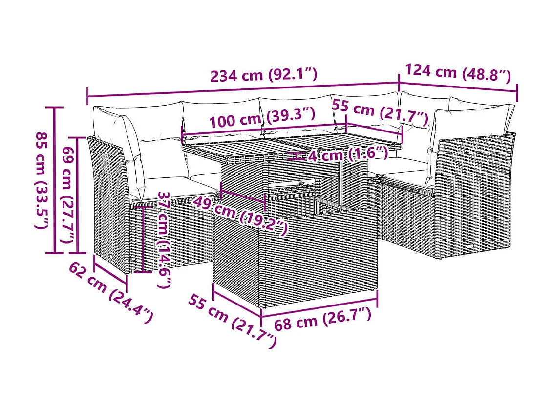 Salon de jardin 6 pcs avec coussins noir résine tressée
