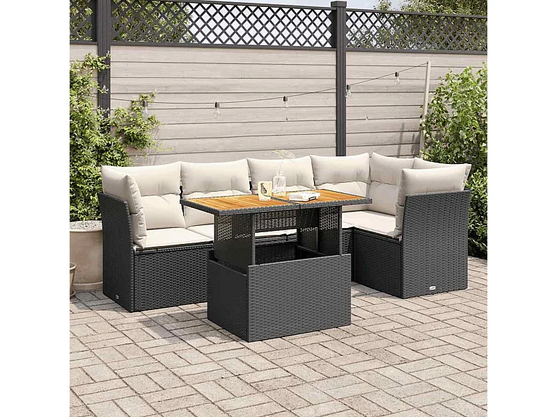 Salon de jardin 6 pcs avec coussins noir résine tressée