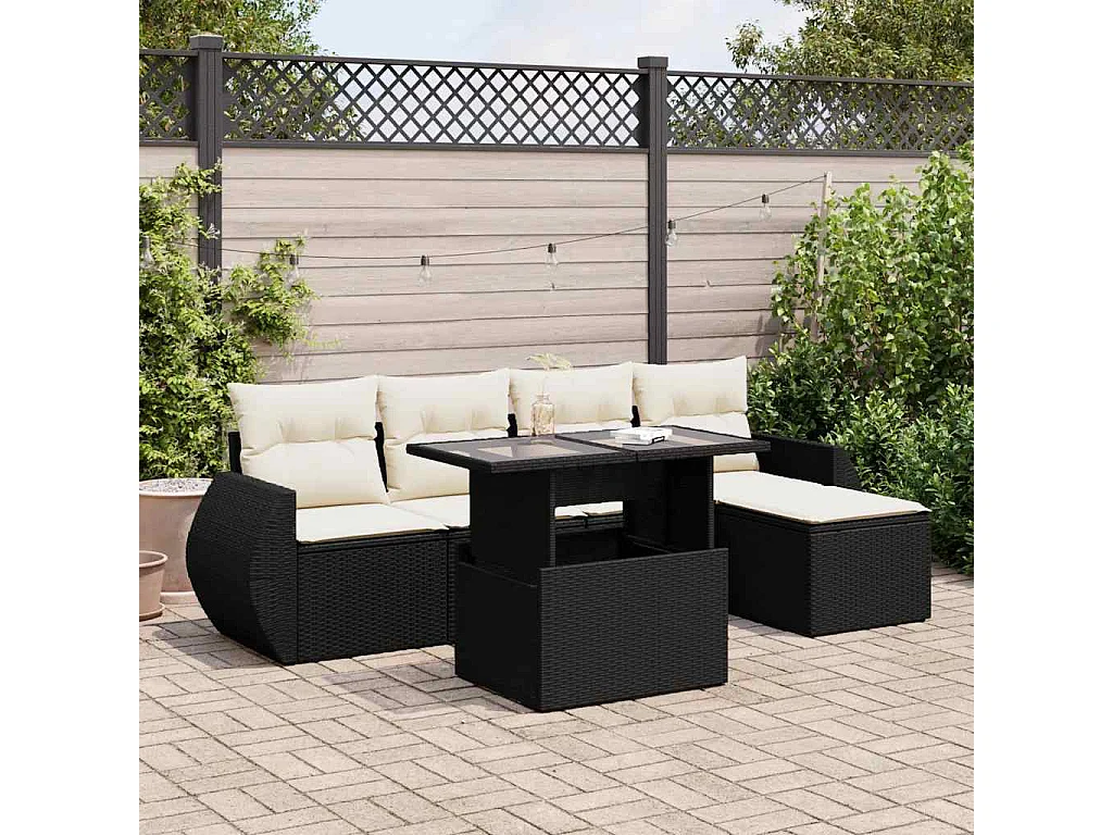 Set Divano da Giardino 6 pz con Cuscini Nero in Polyrattan