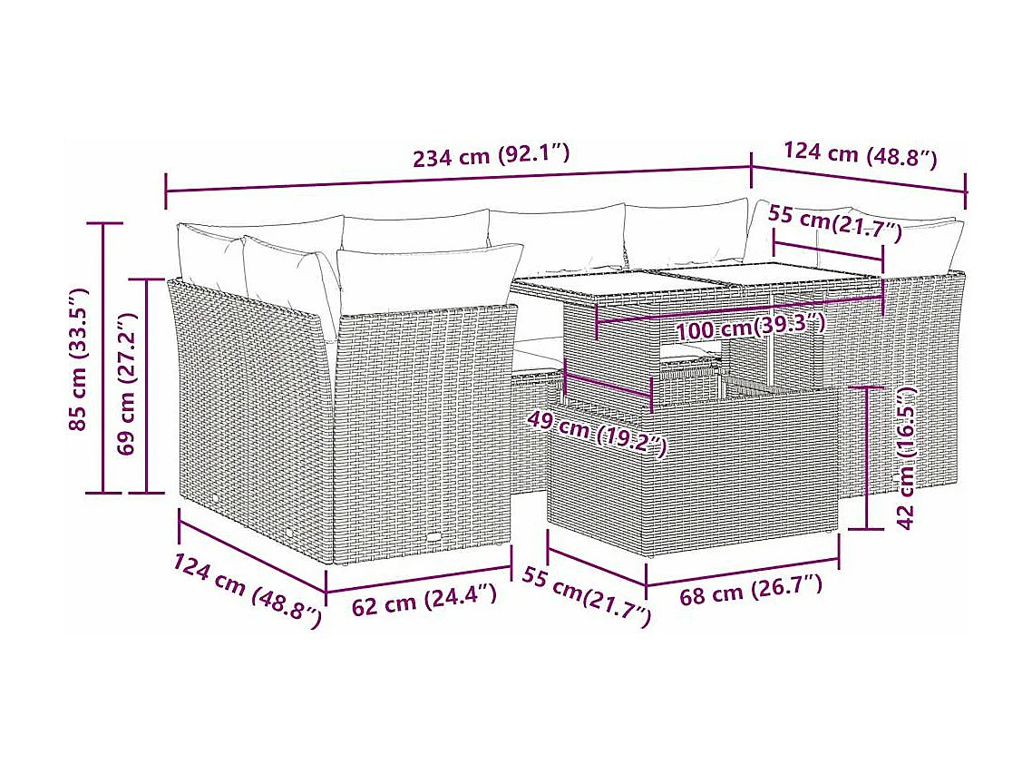 Salon de jardin avec coussins 7 pcs gris clair résine tressée